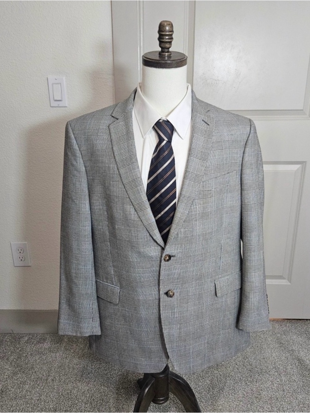 Ralph Lauren Mens 46R Silk Wool Glen Plaid Blazer Grey Blue Sport Coat